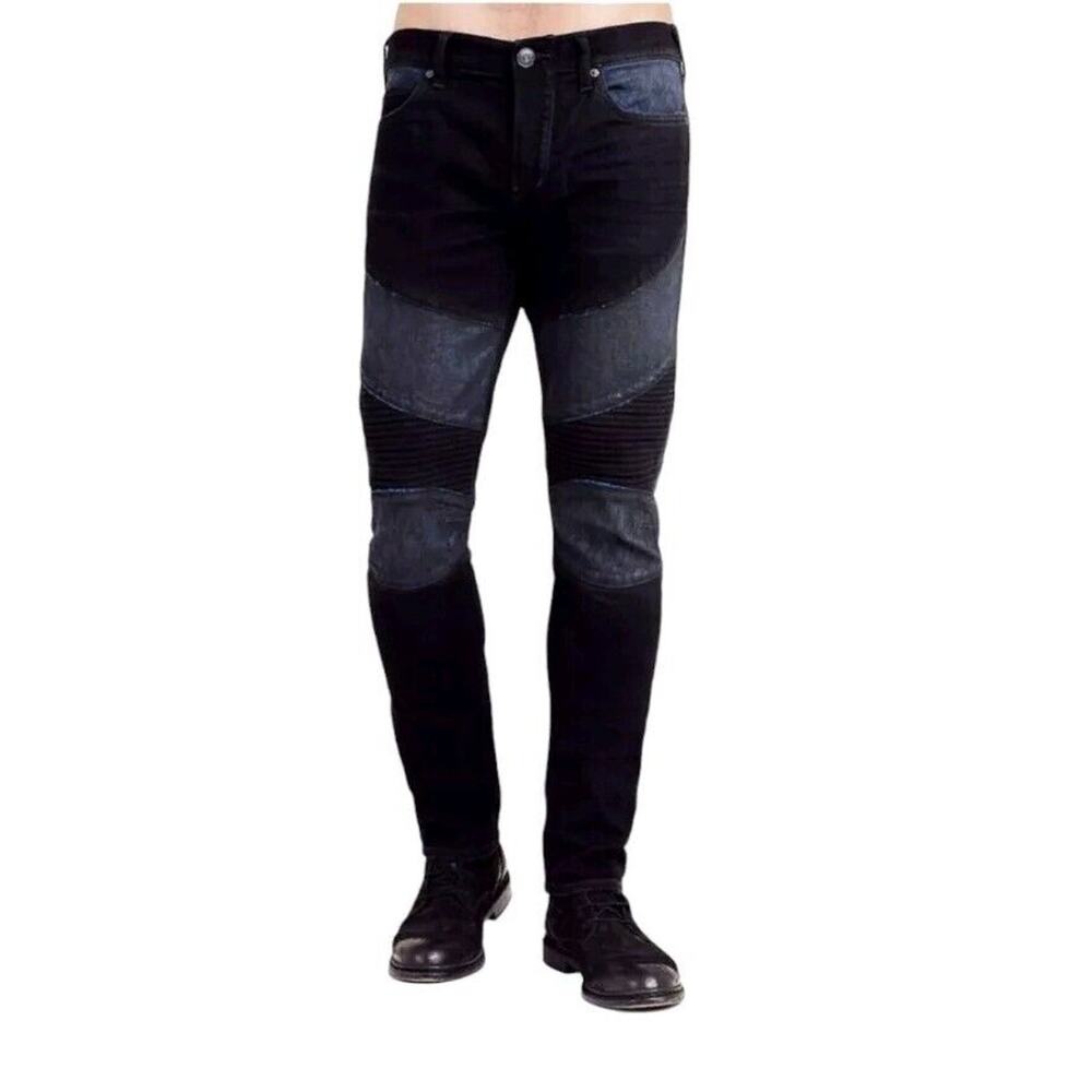 True Religion‎ ROCCO MOTO Jeans Sz 32 Black w Blue Relaxed Skinny RIBBED $249